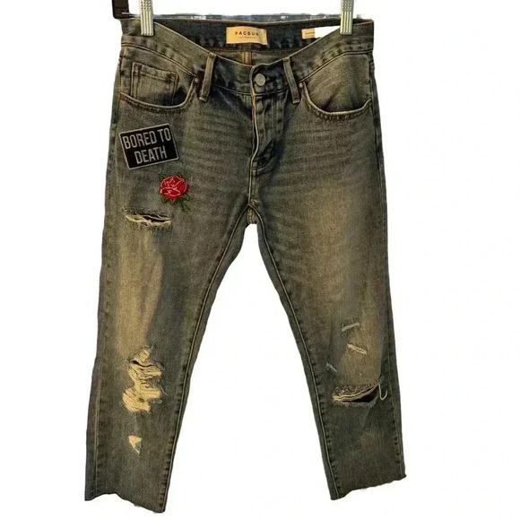 Pacsun patched girlfriend jeans, patches, distressed, raw hem. Size 24 - Picture 1 of 16